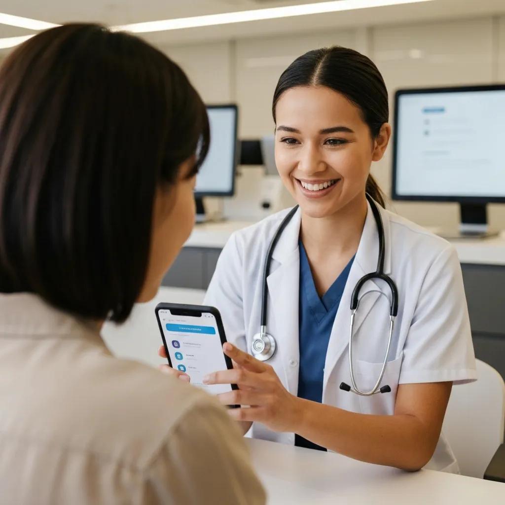 Healthcare professional engaging with a patient through mobile technology in a modern clinic, highlighting mobile-first communication strategies for patient engagement.