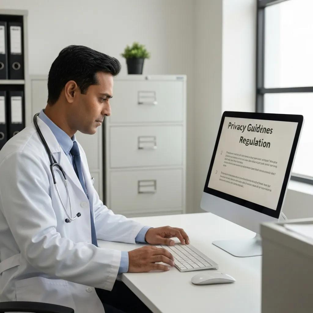 Healthcare professional reviewing privacy guidelines on a computer in a medical office, emphasising compliance with regulations while managing patient reviews.