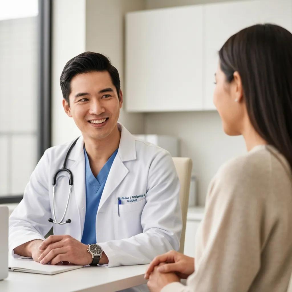 Healthcare professional smiling and interacting positively with a patient in a modern clinic setting, emphasising trust and patient engagement.