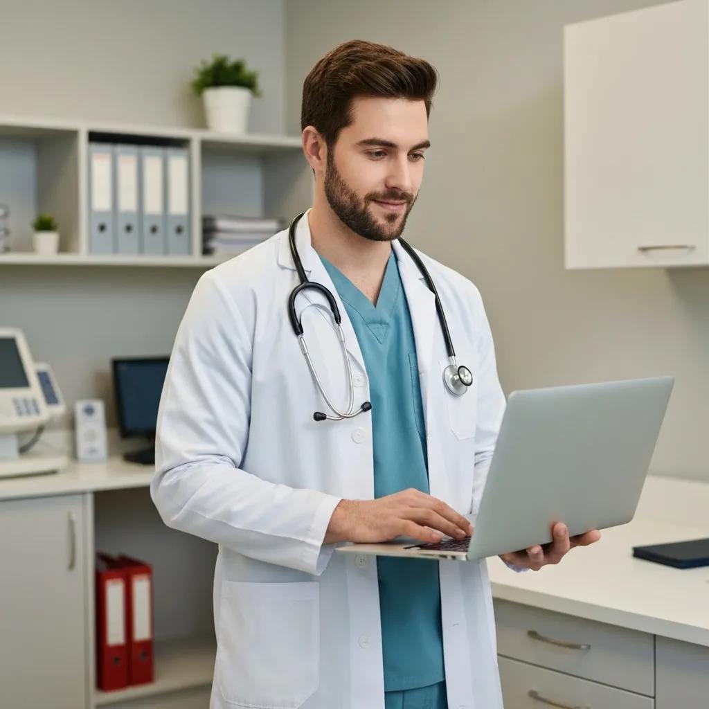 Healthcare professional in a white coat managing email marketing campaigns on a laptop in a modern clinic setting.