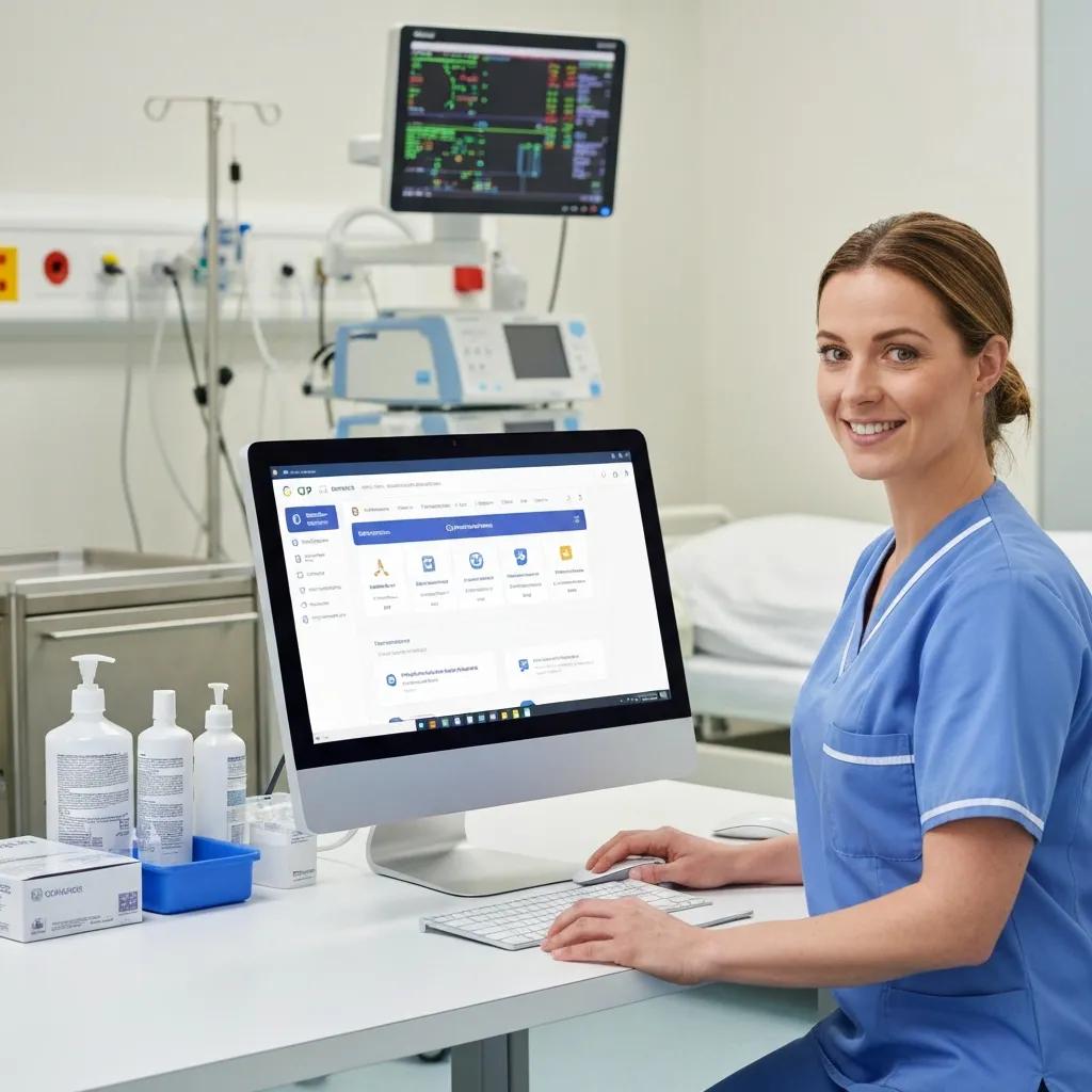 Healthcare professional in scrubs using a computer to manage Google Business Profiles in a clinical setting, with medical equipment and hand sanitiser in the background.