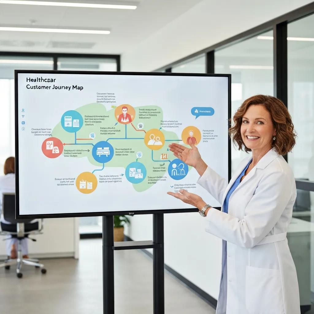Healthcare professional presenting a customer journey map on a digital screen, illustrating patient touchpoints and engagement strategies in a modern clinic setting.