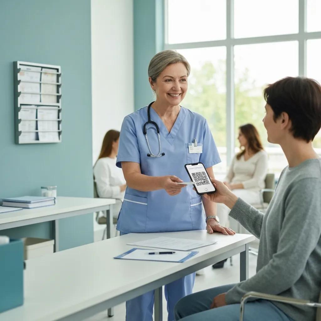 Healthcare professional providing a QR code on a smartphone to a patient in a friendly clinic environment, promoting ethical review generation and patient feedback.