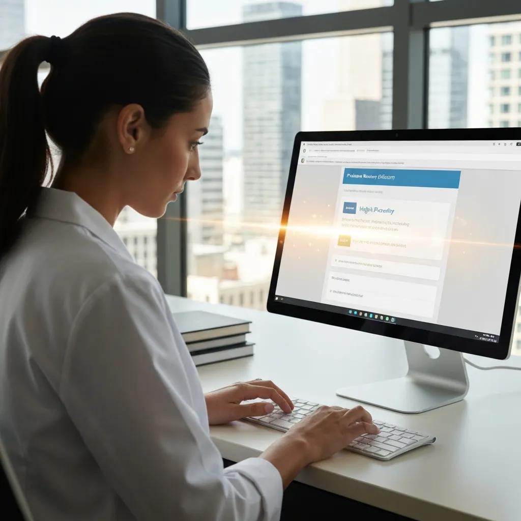 Healthcare professional in a white coat responding to patient reviews on a computer, illustrating timely review management and online reputation for medical practices.