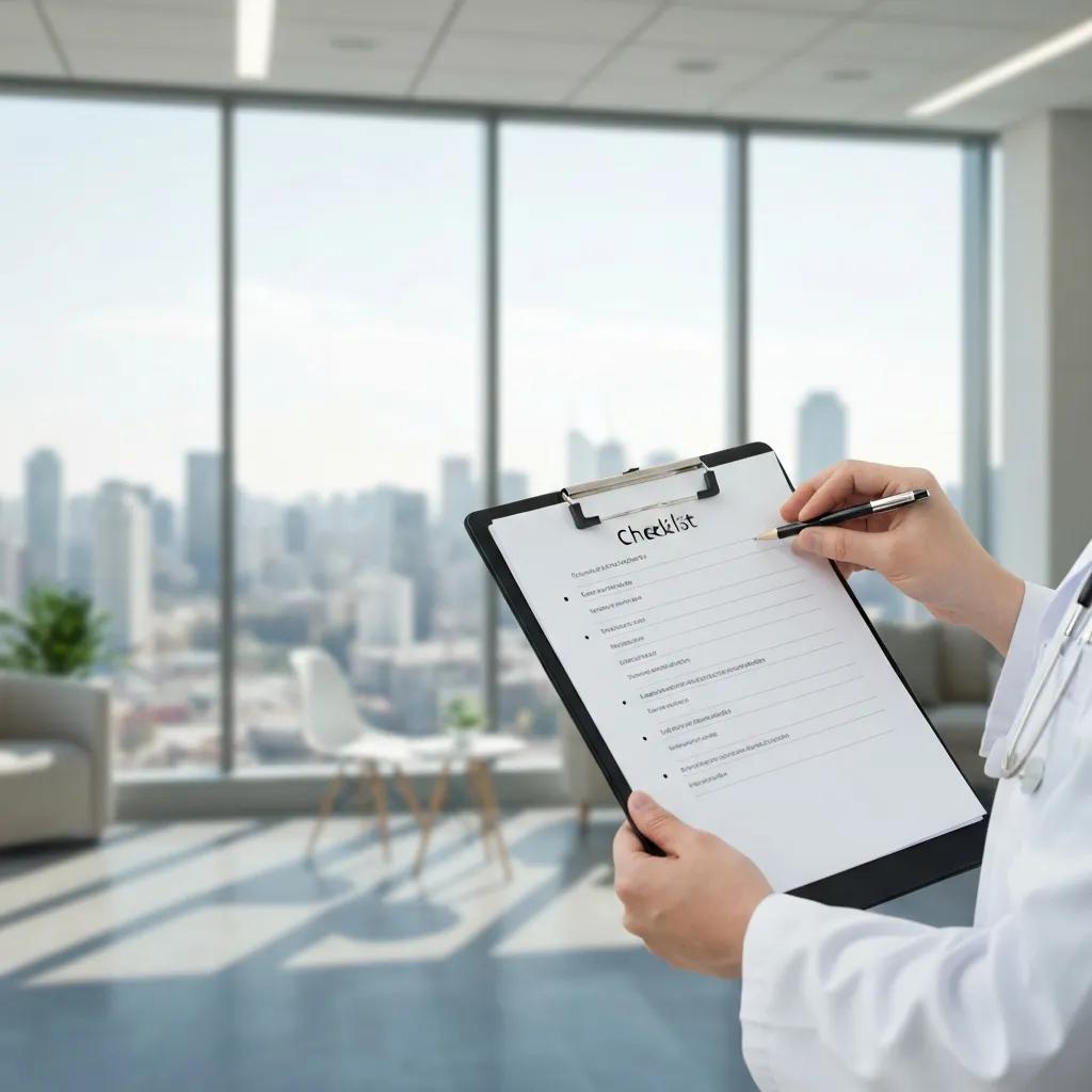 Healthcare professional reviewing compliance checklist in modern clinic setting, emphasizing regulatory adherence for social media advertising campaigns.