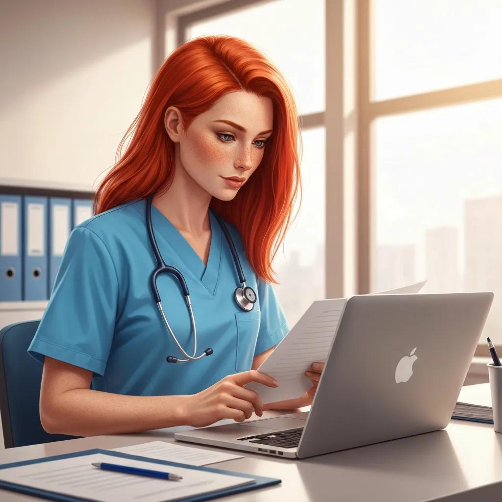 Healthcare professional in scrubs reviewing emails on a laptop, emphasising email deliverability for clinics, with a stethoscope and paperwork on a desk.