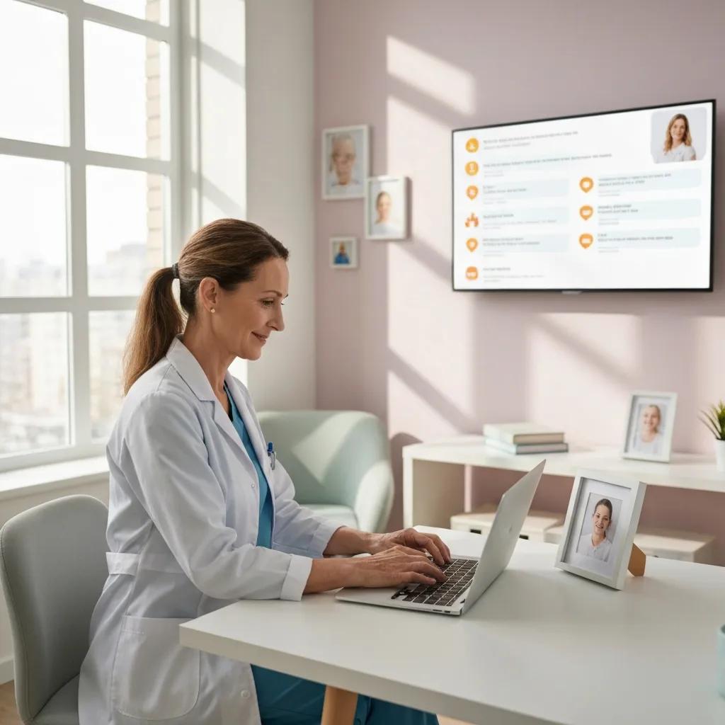 Healthcare professional in a white coat reviewing online feedback on a laptop in a bright office, emphasising online reputation management.