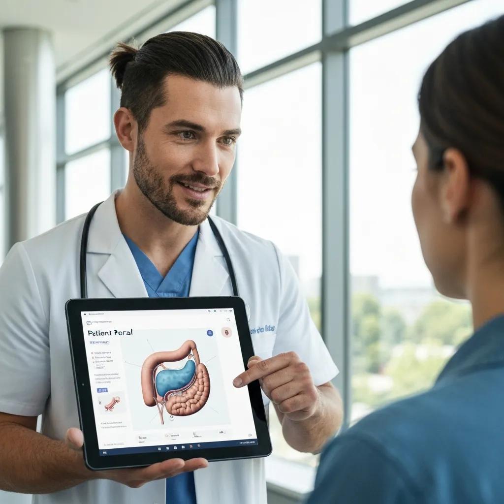 A clinician using a tablet to show a patient digital education materials in clinic