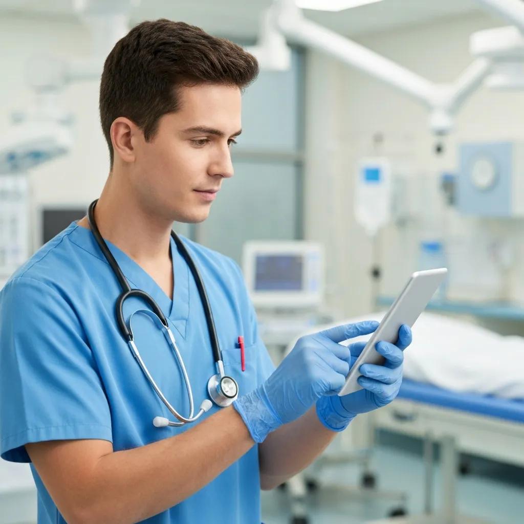 Healthcare professional using a voice assistant in a modern clinic setting