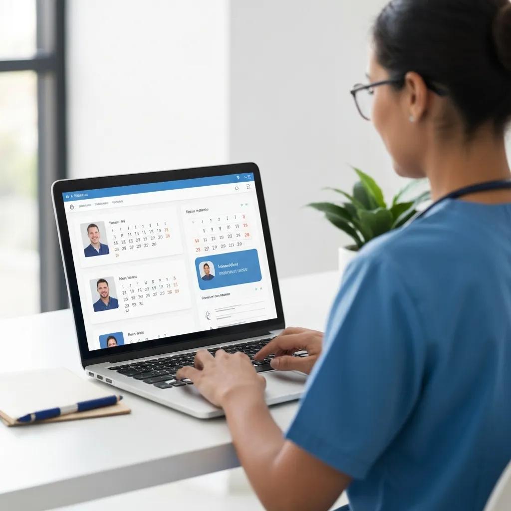 Healthcare professional using marketing automation software in a modern clinic