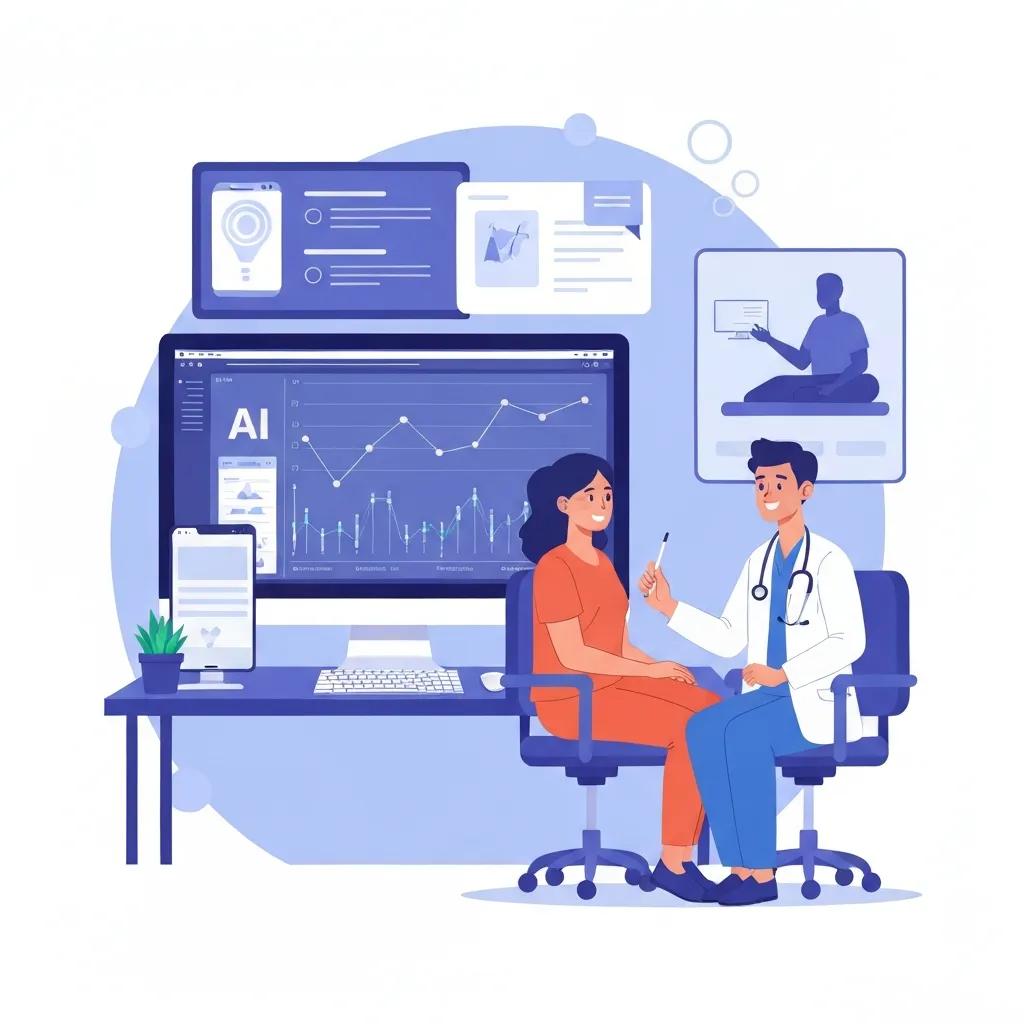 Healthcare professional discussing AI-driven marketing automation with patient, featuring analytics dashboard on computer screen, modern clinic setting, emphasizing patient acquisition and practice growth.