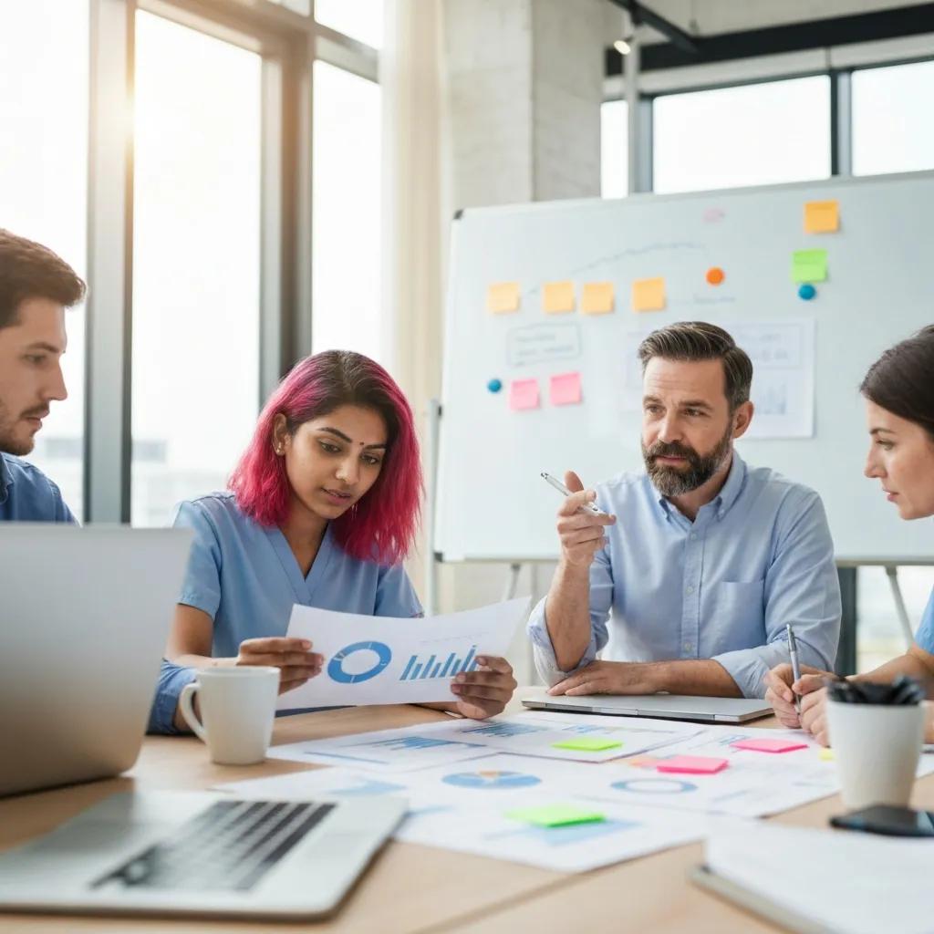 Healthcare professionals collaborating on a marketing strategy in a modern office, analysing charts and documents, with a laptop and coffee cups on the table.