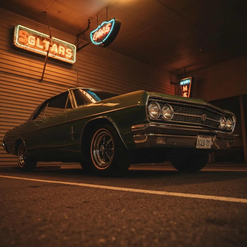 Classic green car parked under vintage neon signs, showcasing a retro aesthetic relevant to local marketing themes.