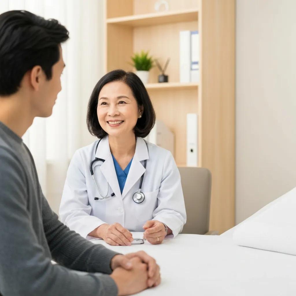 Healthcare provider engaging with a patient in a professional setting, discussing feedback in a supportive manner, emphasising ethical communication and patient experience.