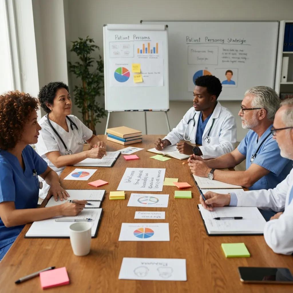 Healthcare team collaborating on patient personas, discussing marketing strategies, with charts and notes on a table.