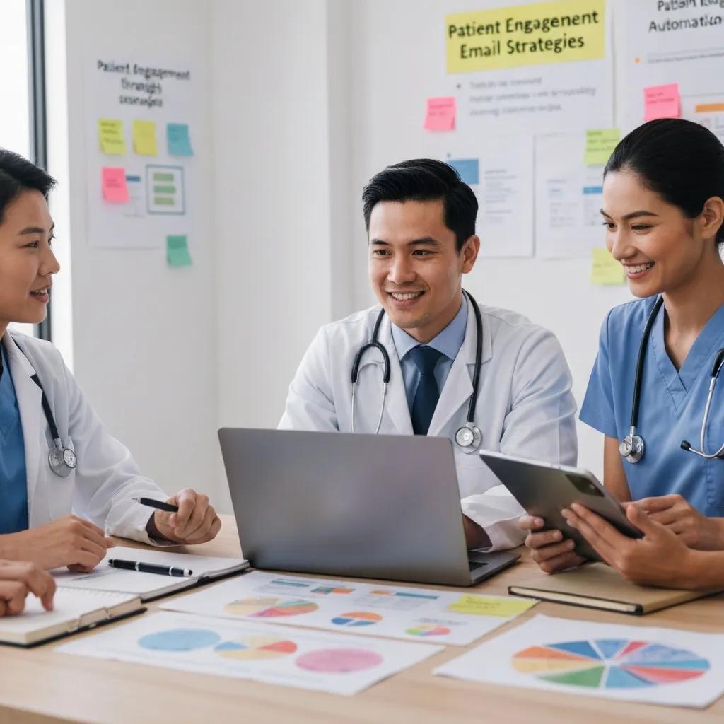 Healthcare team discussing patient engagement strategies, collaborating around a laptop, with charts and notes visible, highlighting email automation and engagement in a clinical setting.
