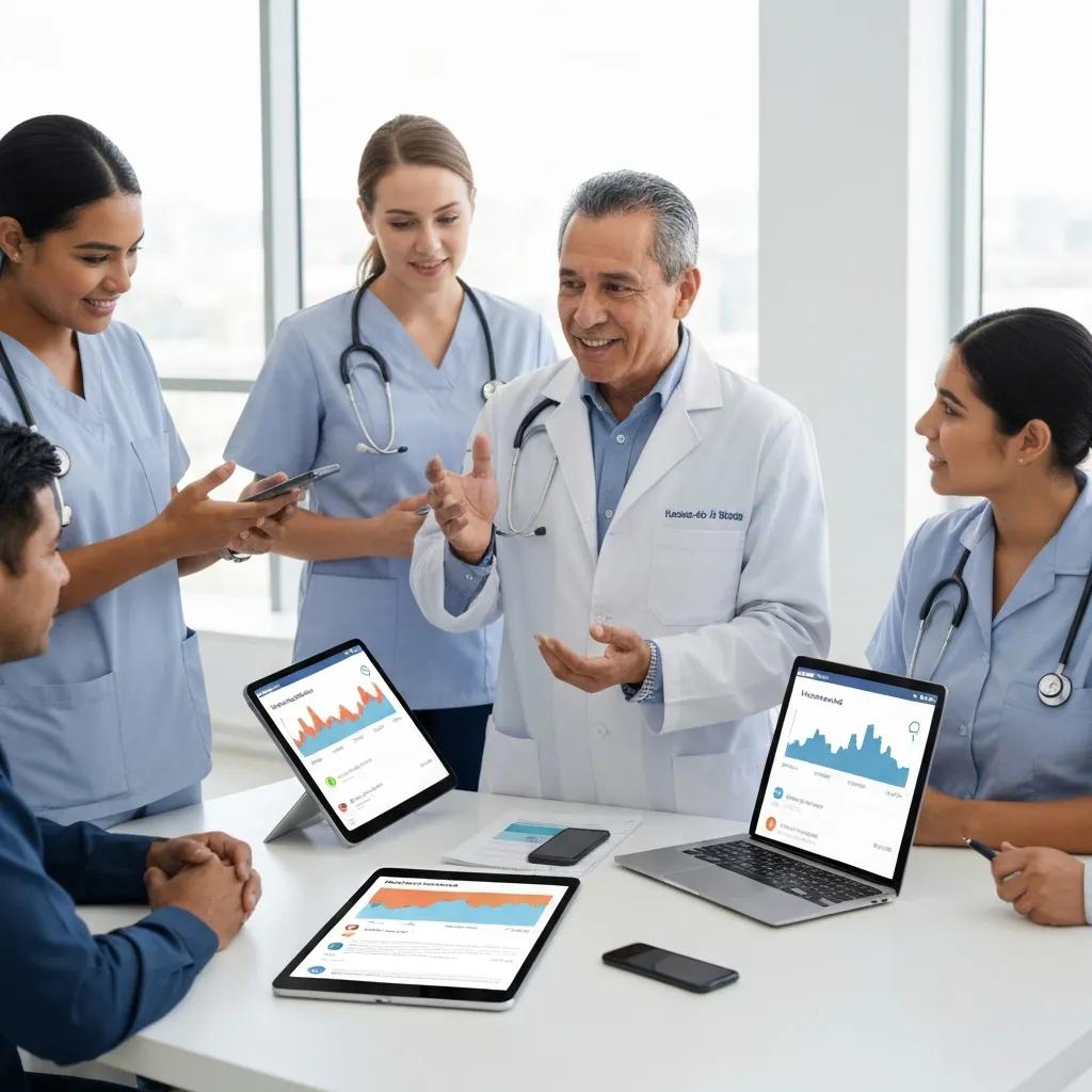 Healthcare team discussing local SEO strategies using digital devices, showcasing analytics and search results, in a modern office setting.