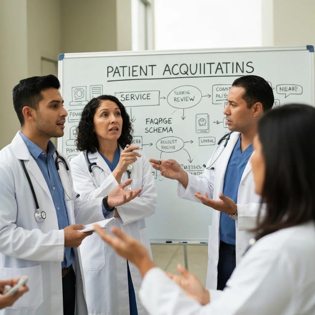 Implementing Structured Data for SEO Healthcare team discussing service, review, and FAQ schema for patient acquisition