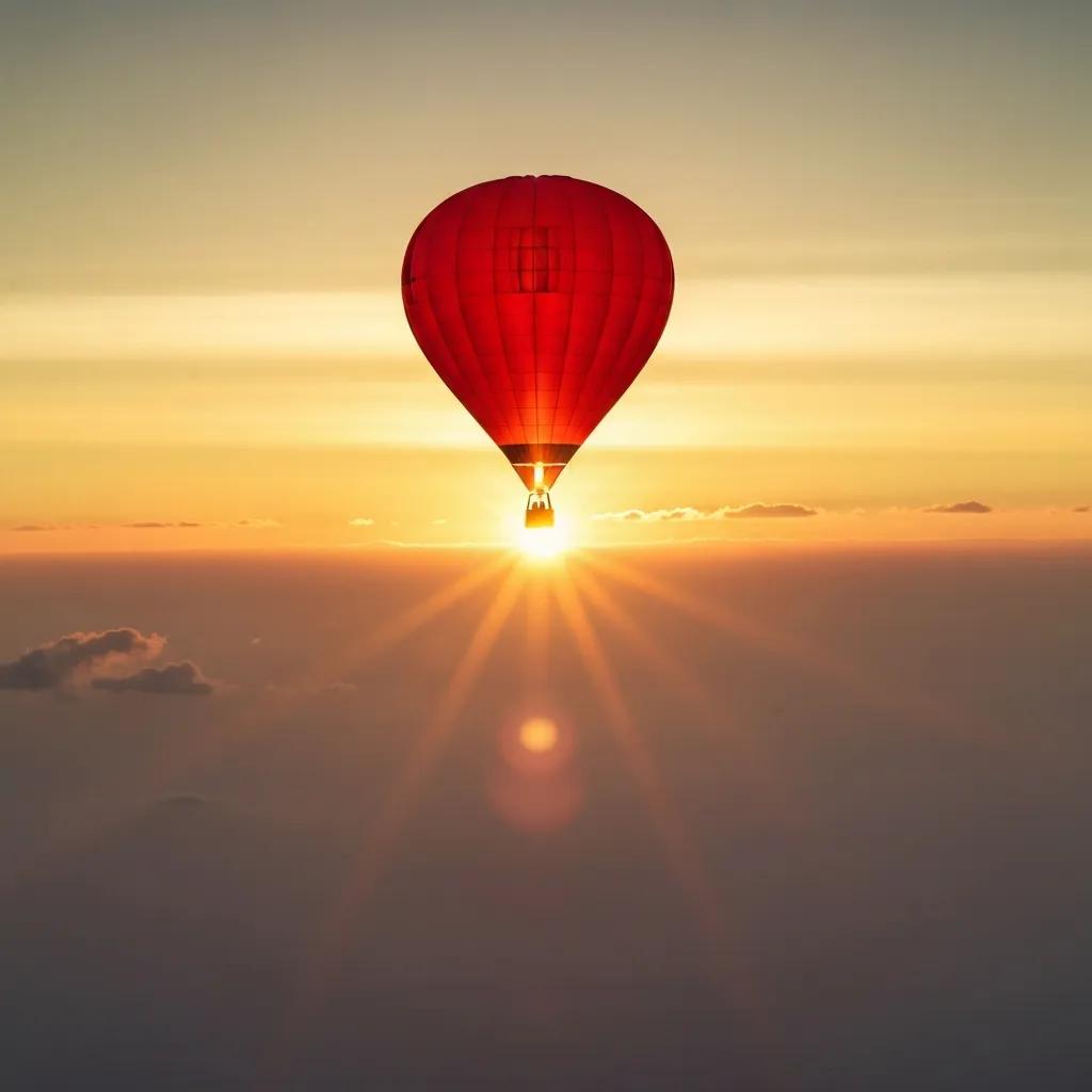 Red hot air balloon rising against a sunset sky, symbolising freedom and adventure in outdoor experiences.