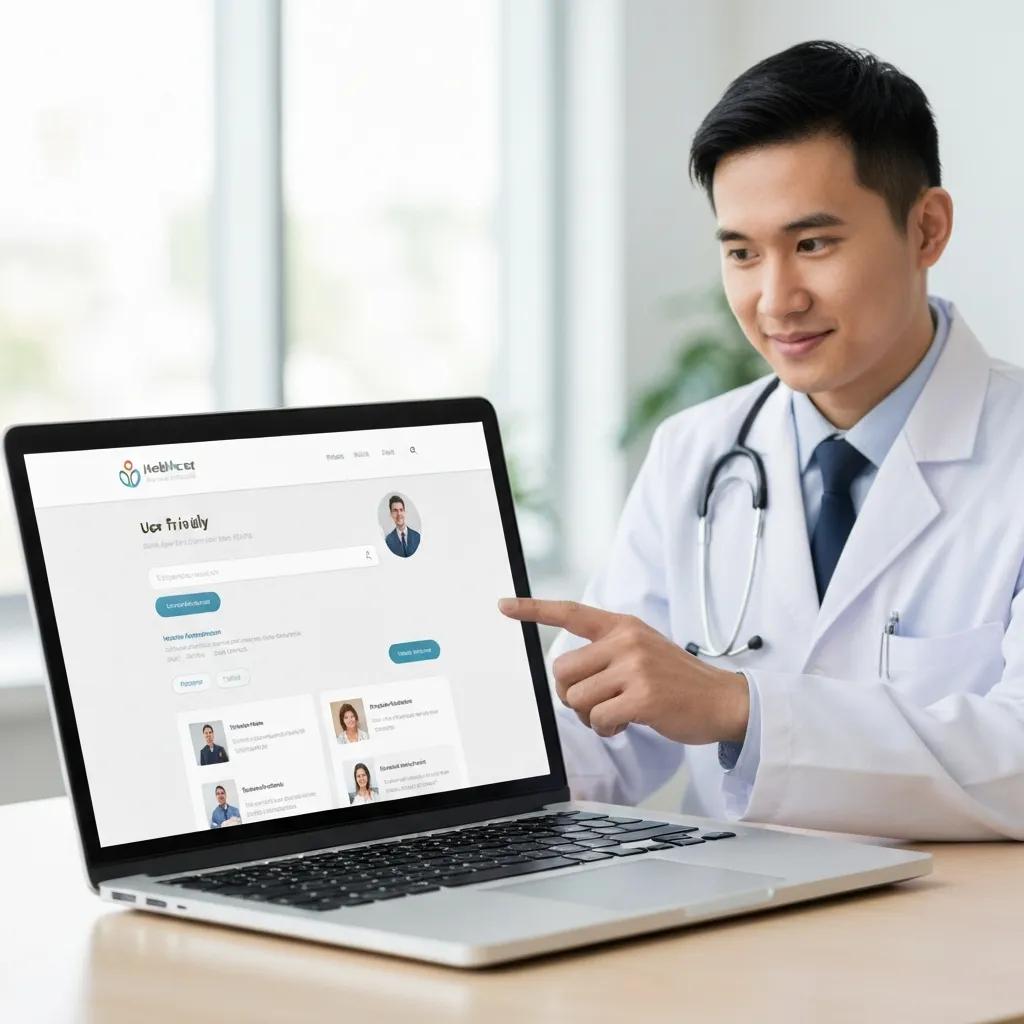 Doctor in a white coat pointing at a user-friendly healthcare website interface on a laptop, highlighting patient engagement features and appointment booking options.