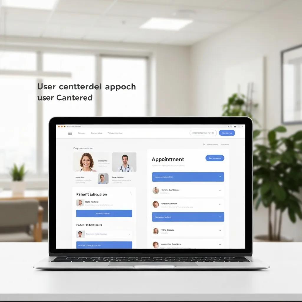 Modern healthcare website interface displayed on a laptop in a welcoming medical office, featuring patient appointment management and user-friendly design elements.