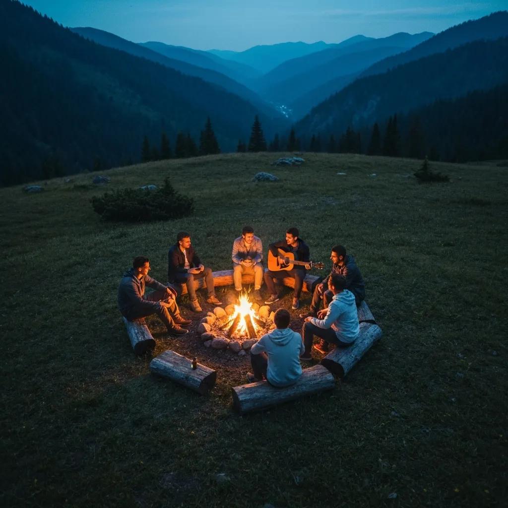 Group of people sitting around a campfire in a mountainous landscape, enjoying music and conversation during twilight.