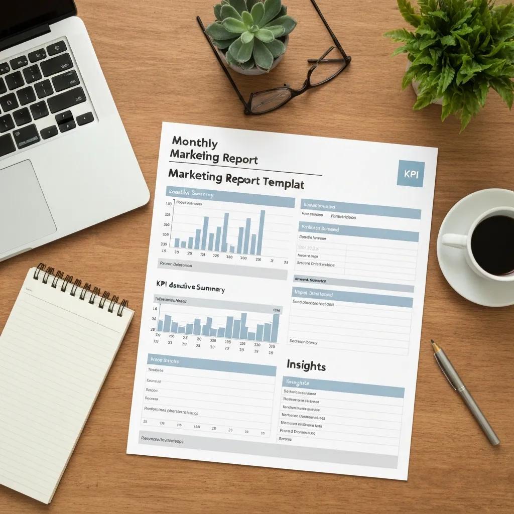 Organised monthly marketing report template displayed on a desk with office supplies