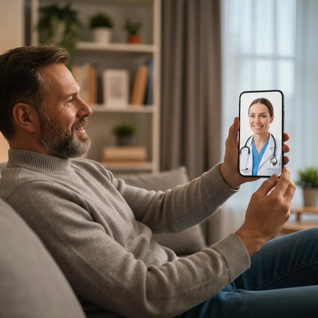 Man engaged in a telehealth consultation on a mobile device at home, smiling while interacting with a healthcare professional displayed on the screen, illustrating mobile patient engagement in healthcare.