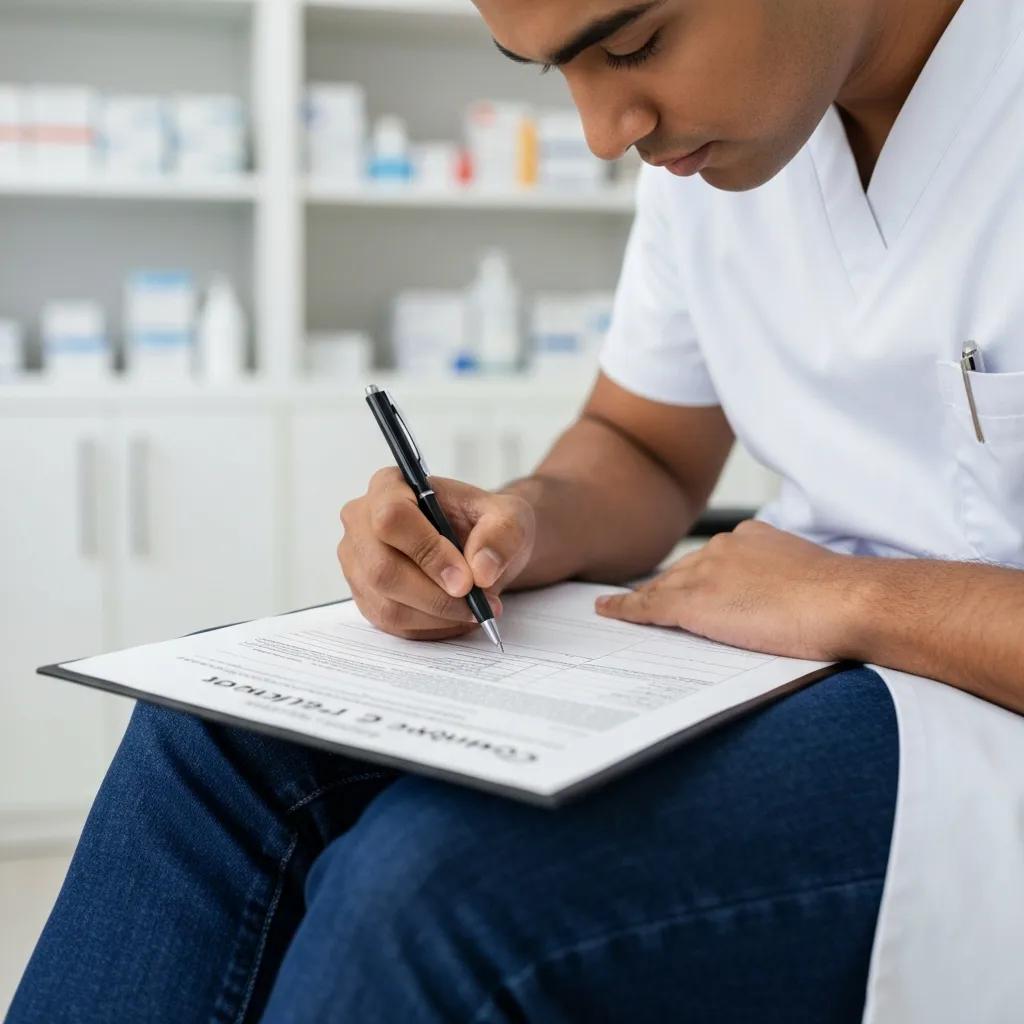 Patient completing a compliant consent form at reception