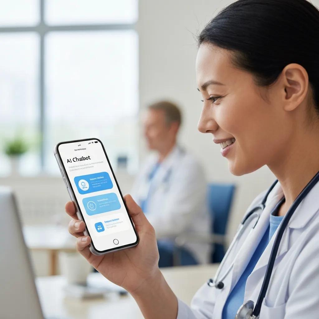 Healthcare professional using smartphone displaying AI chatbot interface for patient support and communication in a clinic setting.
