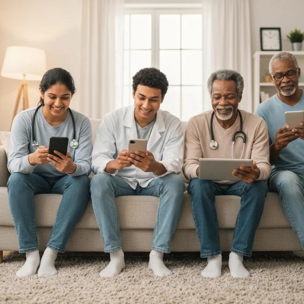 Patients and healthcare professionals engaging with mobile devices in a comfortable home setting, illustrating the importance of email communication in healthcare.