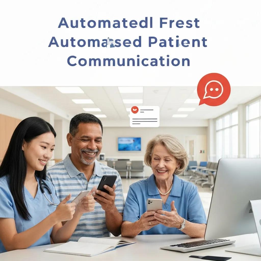 Patients and healthcare staff engaging with smartphones, showcasing automated patient communication in a healthcare setting, highlighting digital interaction and improved patient experience.