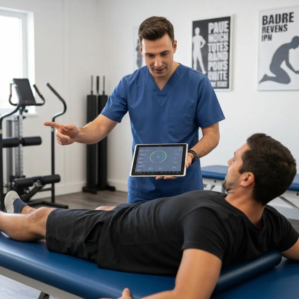 Physiotherapist using tablet to send exercise plan and reminders to a patient
