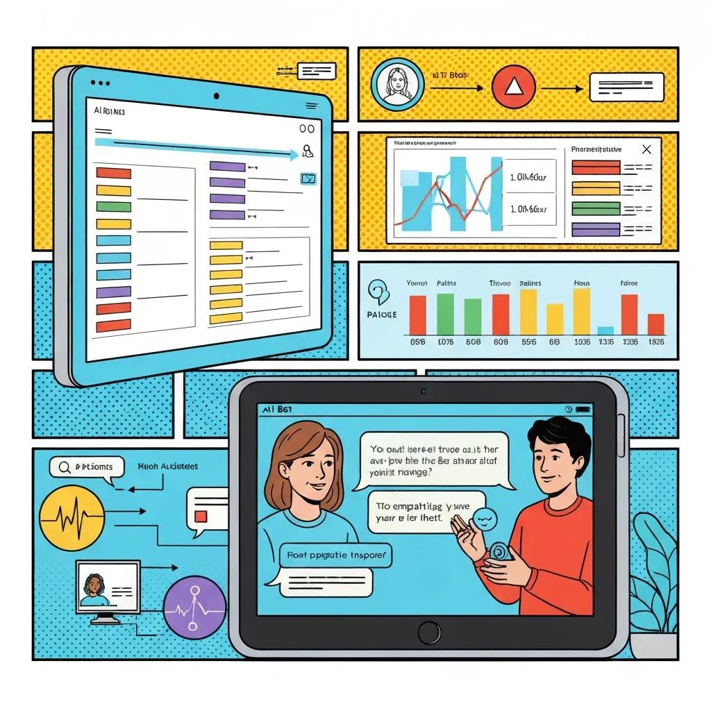 Visual representation of artificial intelligence in healthcare marketing, featuring analytics dashboards, chatbot interactions, and patient engagement tools, illustrating the role of AI in enhancing communication and targeting for clinics.