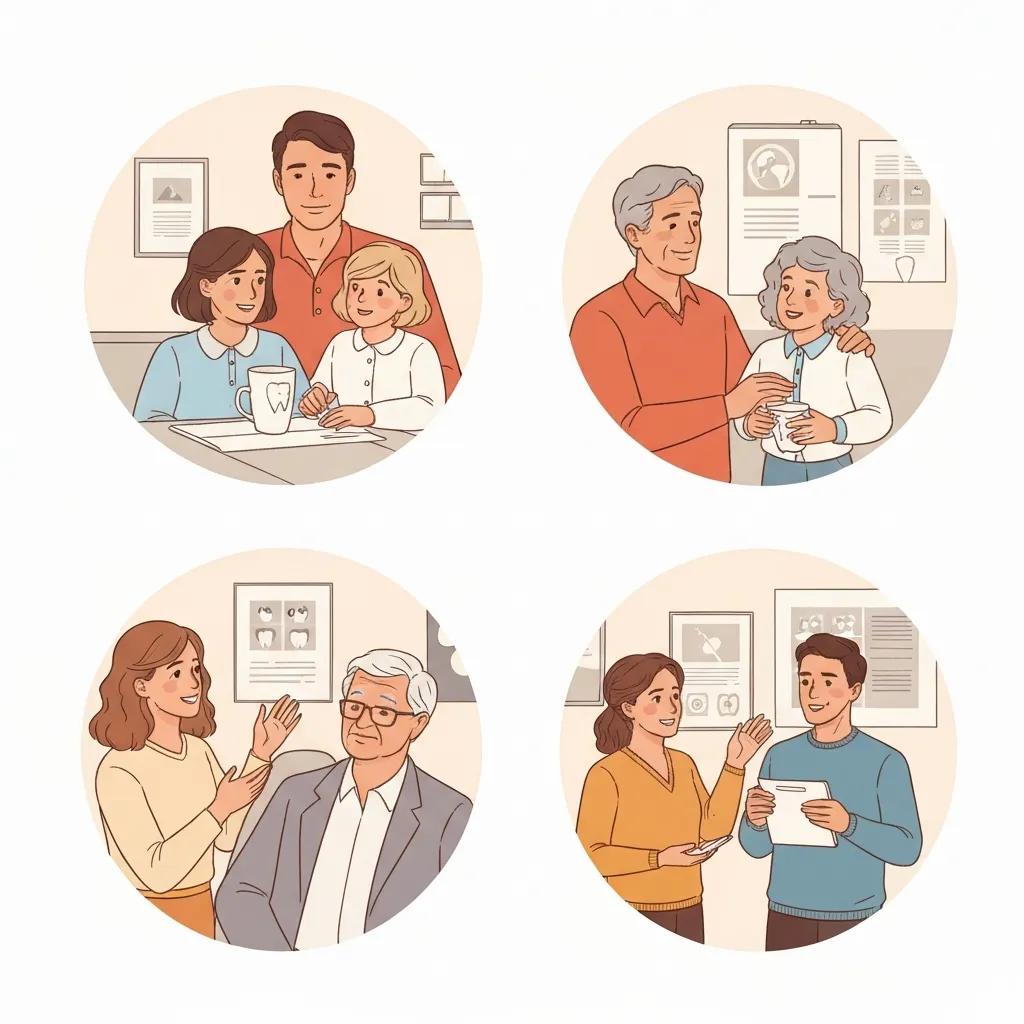 Illustration depicting diverse dental patient personas, including families, seniors, and young professionals, engaging in various dental care scenarios.