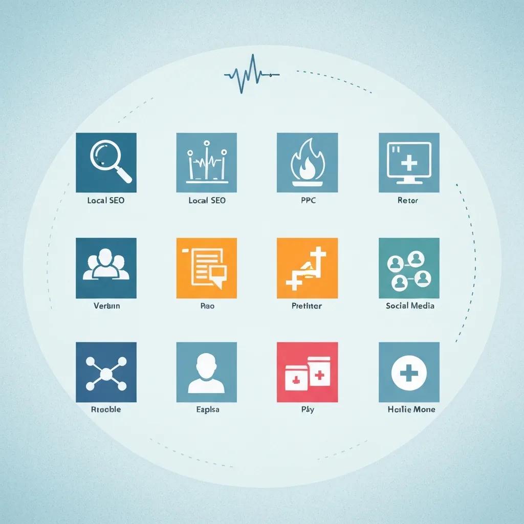 Diagram showing local SEO, PPC, paid social and reputation as key healthcare channels