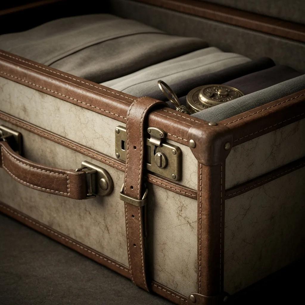 Vintage suitcase with leather straps and a pocket watch, symbolising travel and organisation in healthcare SEO strategies.