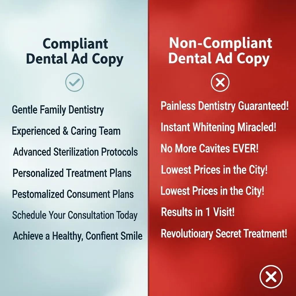 Comparison of compliant and non-compliant dental ad copies, highlighting ethical advertising practices