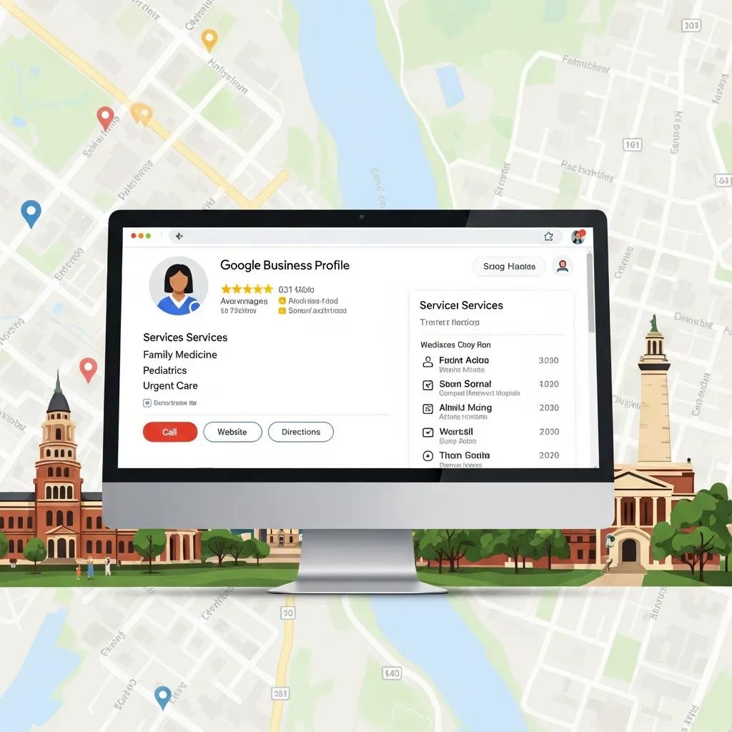 Computer screen showing Google Business Profile with local community elements, highlighting local SEO strategies for healthcare visibility