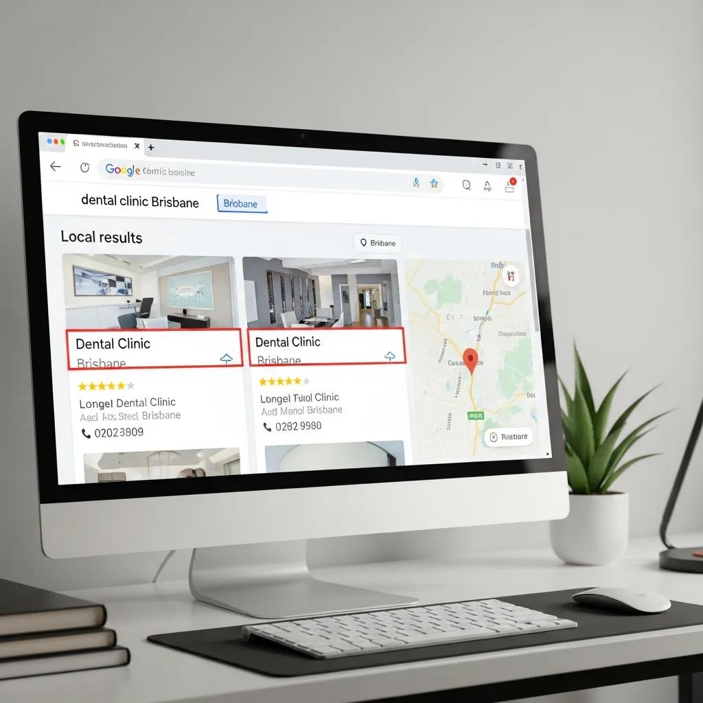 Leading Dental Marketing Solutions for Brisbane Clinics Computer screen showing Google search results for a Brisbane dental clinic