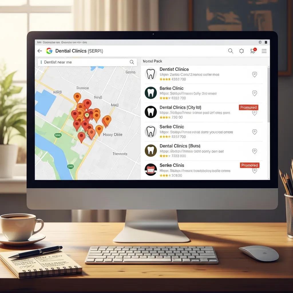 Top Dental Marketing Services in Sydney for Clinic Growth Computer screen showing local search results for dental clinics, emphasizing local SEO strategies