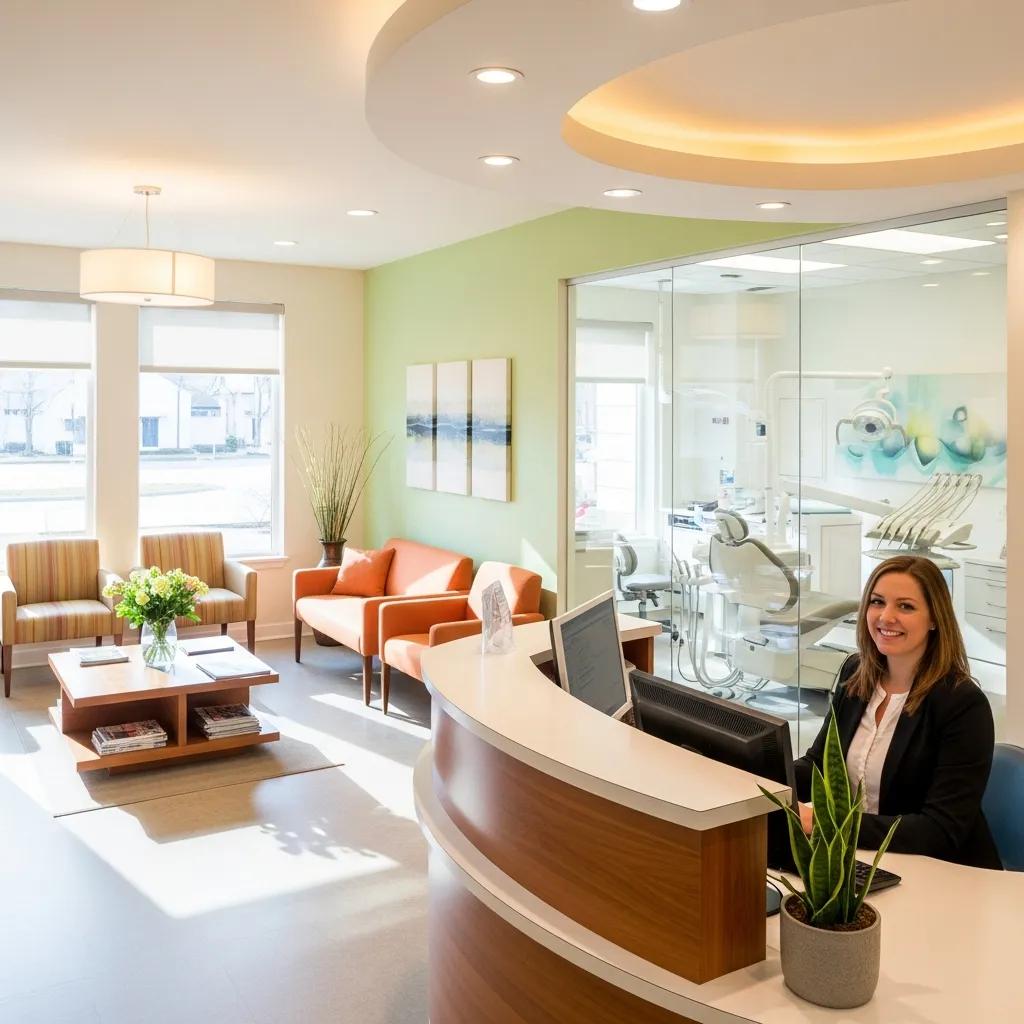 Dental clinic reception area with friendly staff and modern equipment