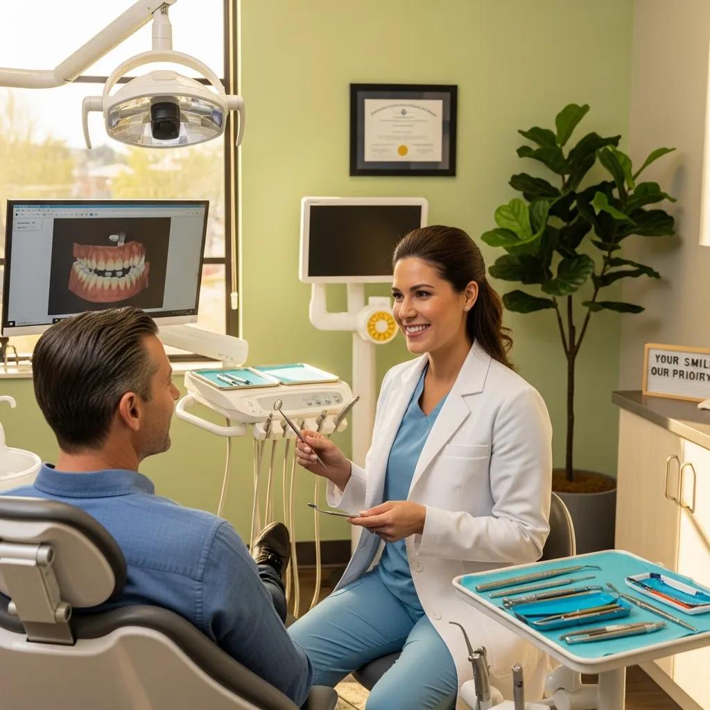 Dental office scene showcasing a dentist and patient interaction, highlighting trust and professionalism in dental care