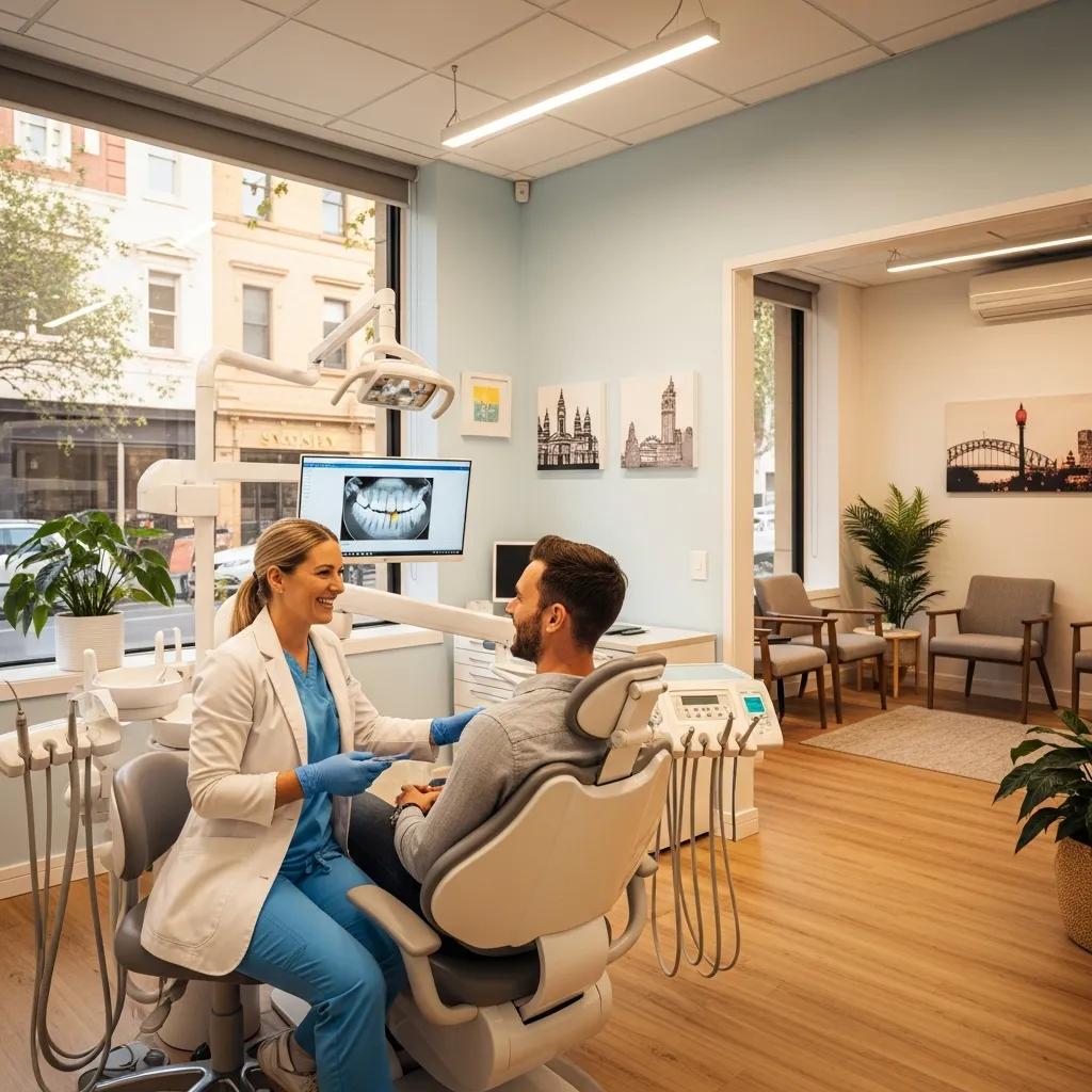 Targeted Google Ads for Sydney Dental Practices Dental practice in Sydney with a dentist and patient interaction, showcasing modern dental care