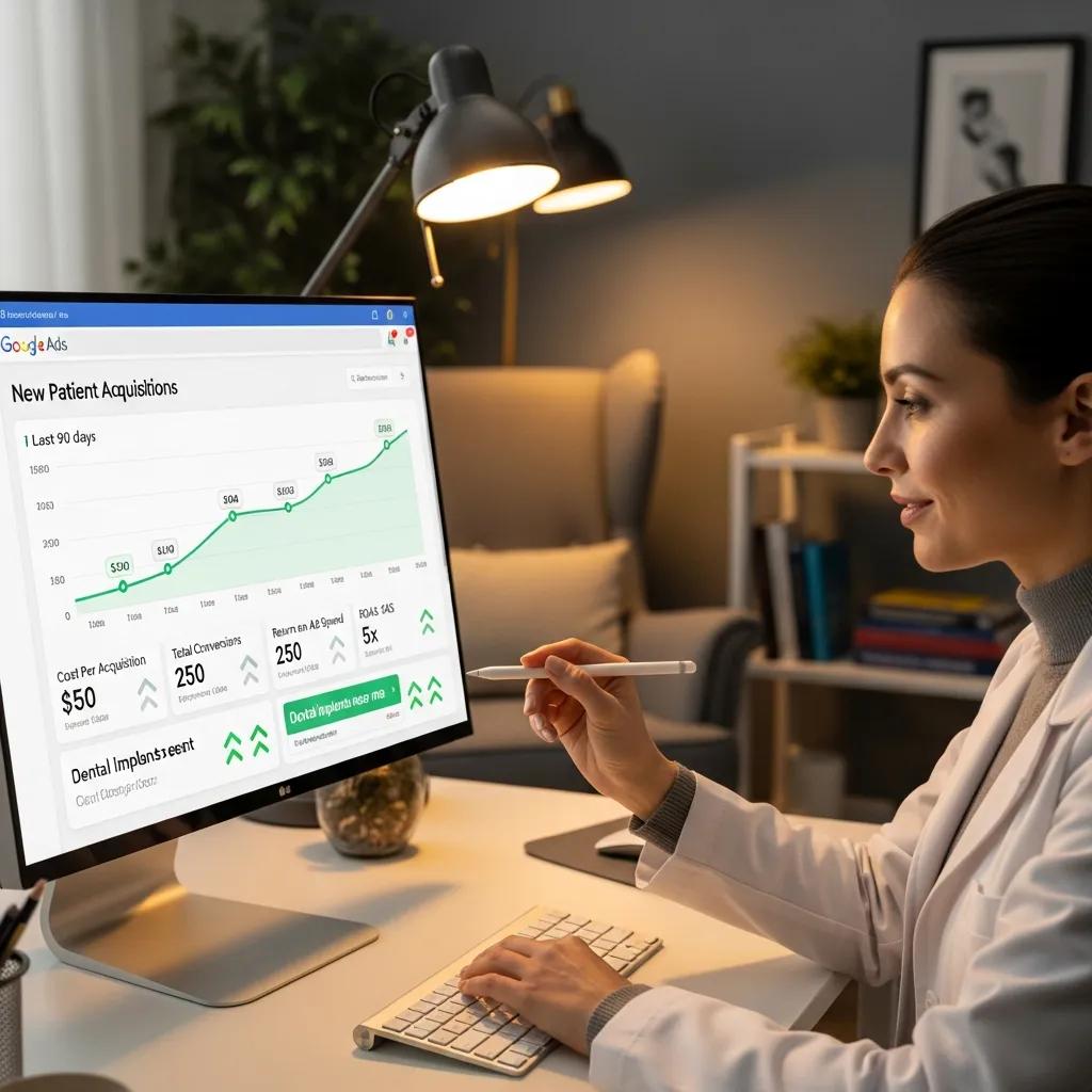 Melbourne Dental Clinics: Maximise Reach with Google Ads Dental professional analyzing Google Ads campaign for patient acquisition