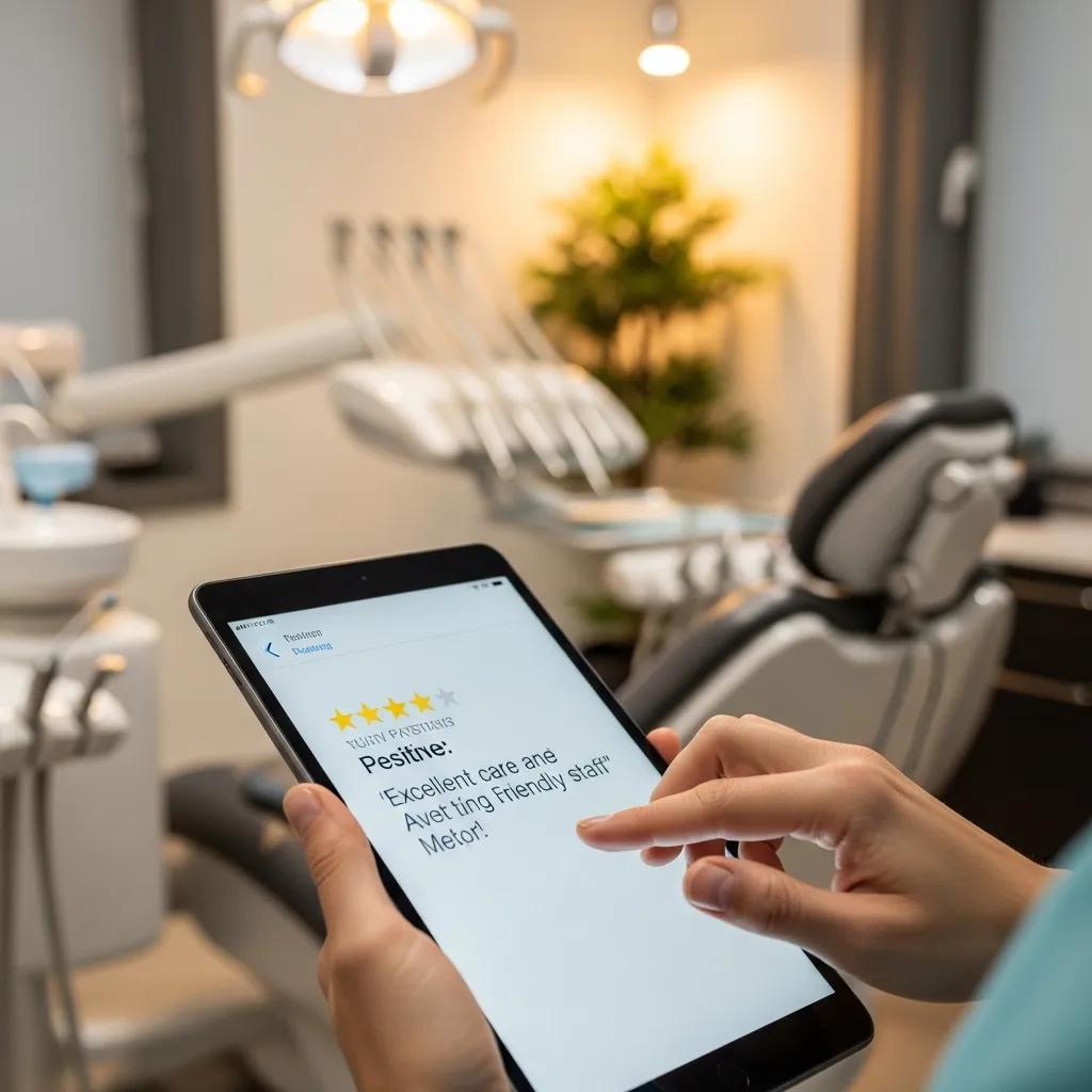 Dental professional responding to patient reviews on a tablet in a cozy dental office