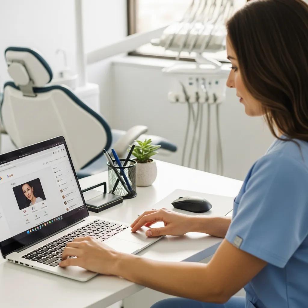 Dentist managing Google Business Profile in a modern dental office