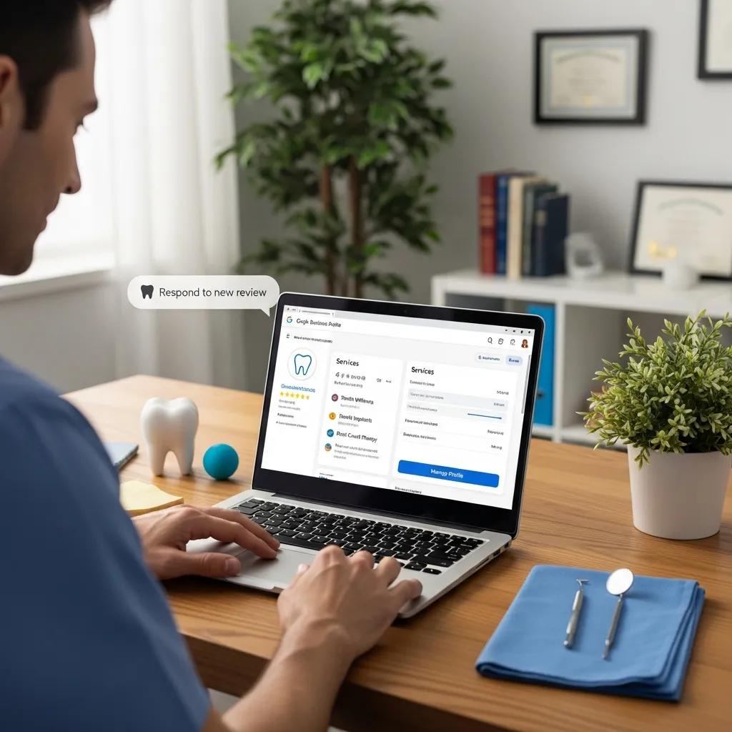 Dentist optimizing Google Business Profile on laptop in a dental office