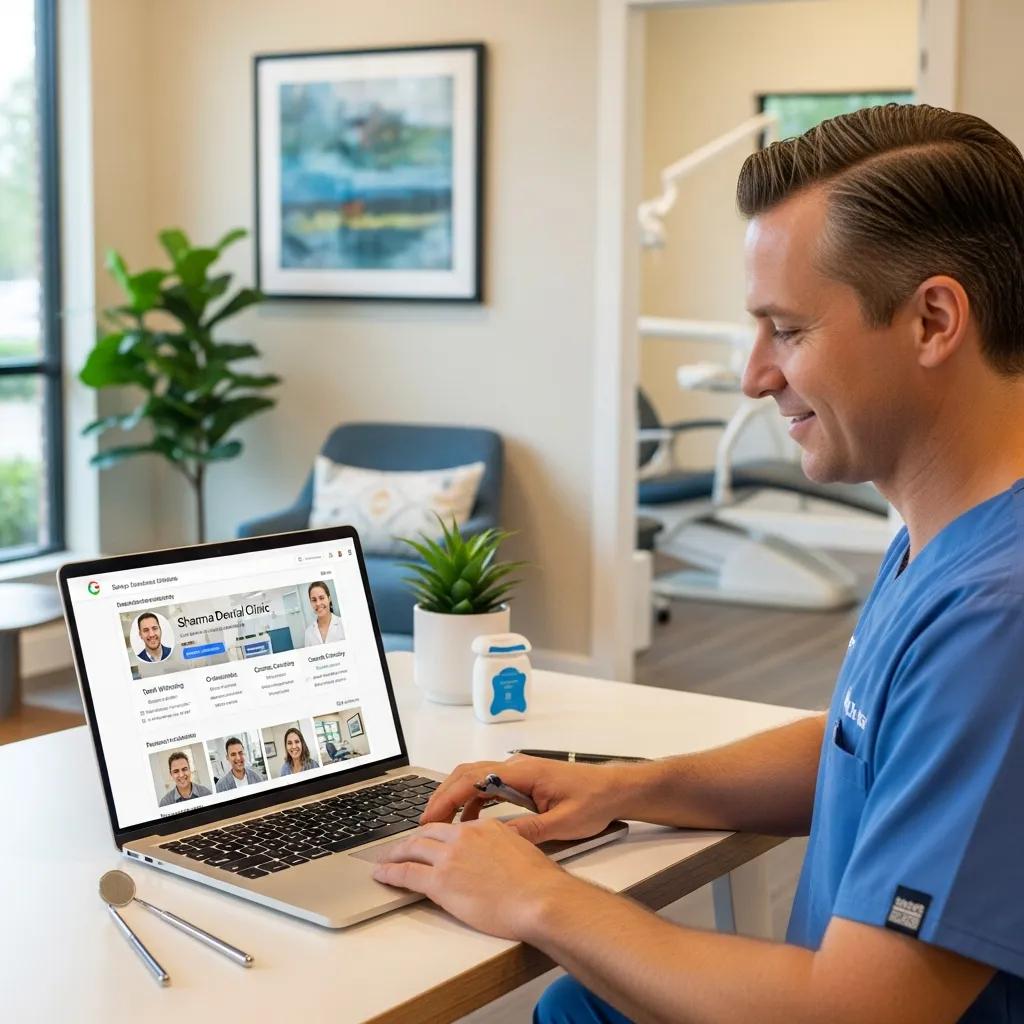Dentist updating Google Business Profile on a laptop, showcasing the importance of online visibility for dental practices