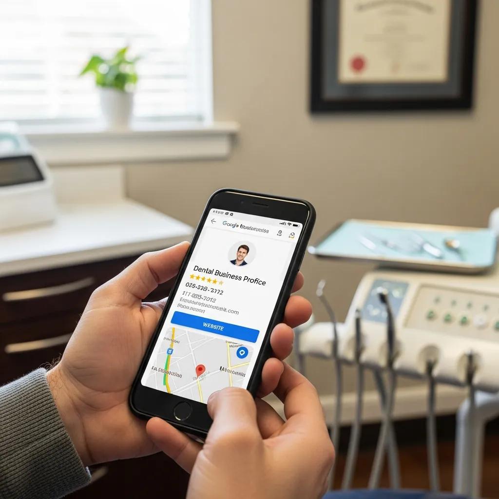 Western Australia Dental SEO: Grow Your WA Practice Google Business Profile displayed on a smartphone in a dental office setting